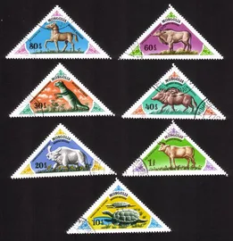 Prehistoric Animals: Dinosaurs, Swine, Etc. Cplt Set of 7 Diff. Triangle Shaped